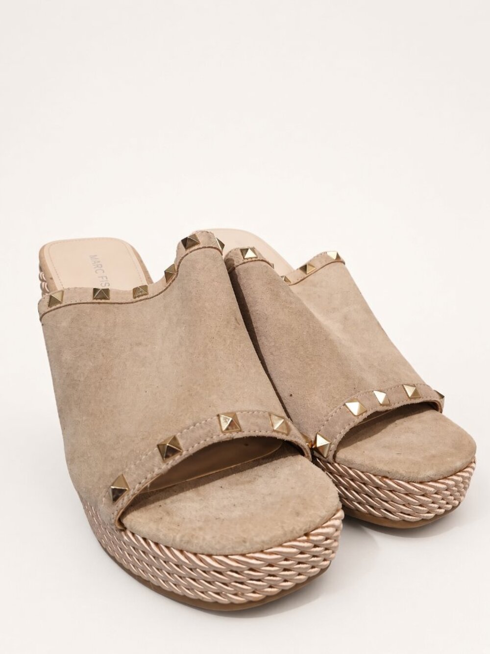 Marc Fisher Taupe Suede Studded Rope Wedge Mules 8M